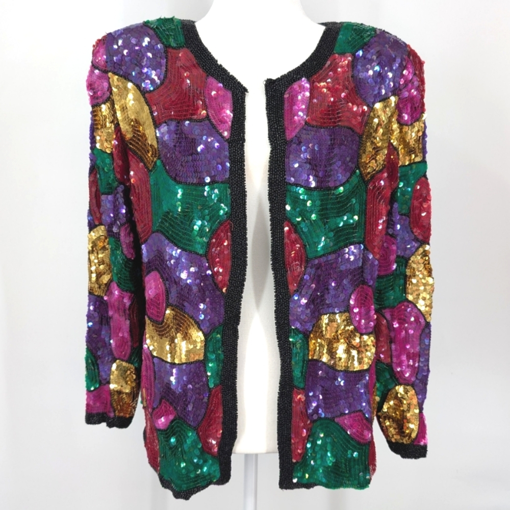 Vintage Jean For Joseph Le Bon Purple Gold Green Beaded Sequin Silk Jacket Large